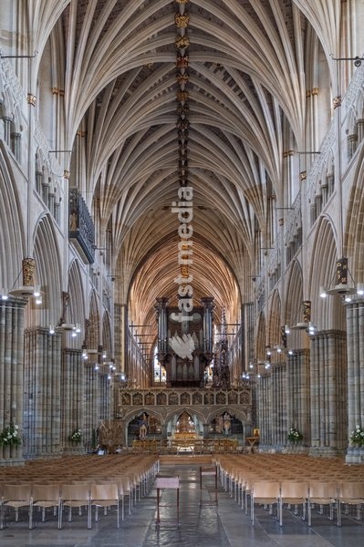 Exeter cathedral. Completed around the year 1400. Exeter Cathedral, properly known as the Cathedral Church of Saint Peter in Exeter, is an Anglican cathedral, and the seat of the Bishop of Exeter, in the city of Exeter, Devon, in South West England. Exeter, Devon . United Kingdom. 22 July 2026