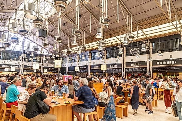 Time Out Market food hall and restaurants located in the Mercado da Ribeira at Cais do Sodré, Lisbon, Portugal
