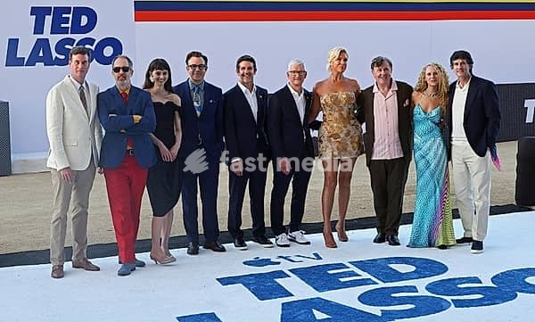 Brendan Hunt, Tanya Reynolds, Jason Sudeikis, John Ternus, Tim Cook, Hannah Waddingham, Jeremy Swift and Juno Temple at the premiere of Apple TV's 'Ted Lasso' Season 4 held at Academy Museum of Motion Pictures in Los Angeles, USA on July 27, 2026, Los Angeles, CA, USA, Los Angeles, California, USA
