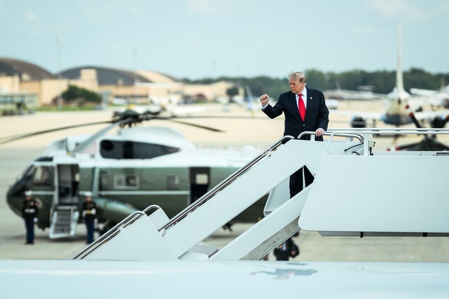 President Donald J. Trump disembarks Marine One at Joint Base Andrews, Maryland on Monday, July 27, 2026, and boards Air Force One en route to Oakland County International Airport, Michigan