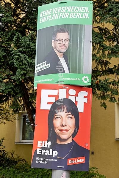 Werner Graf (The Greens) – candidate for the office of Governing Mayor of Berlin – Elif Eralp (The Left) – candidate for the office of Governing Mayor of Berlin – election posters of the parties for the 20th election to the Berlin House of Representatives and the district councils, Berlin city…