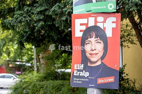 Elif Eralp (Die Linke) – candidate for the office of Governing Mayor of Berlin – election posters by the political parties for the 20th election to the Berlin House of Representatives and the district councils, Berlin city area, Berlin, 7 August 2026