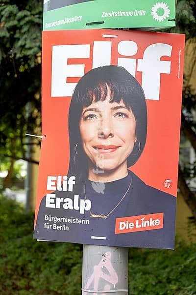 Elif Eralp (Die Linke) – candidate for the office of Governing Mayor of Berlin – election posters by the political parties for the 20th election to the Berlin House of Representatives and the district councils, Berlin city area, Berlin, 7 August 2026