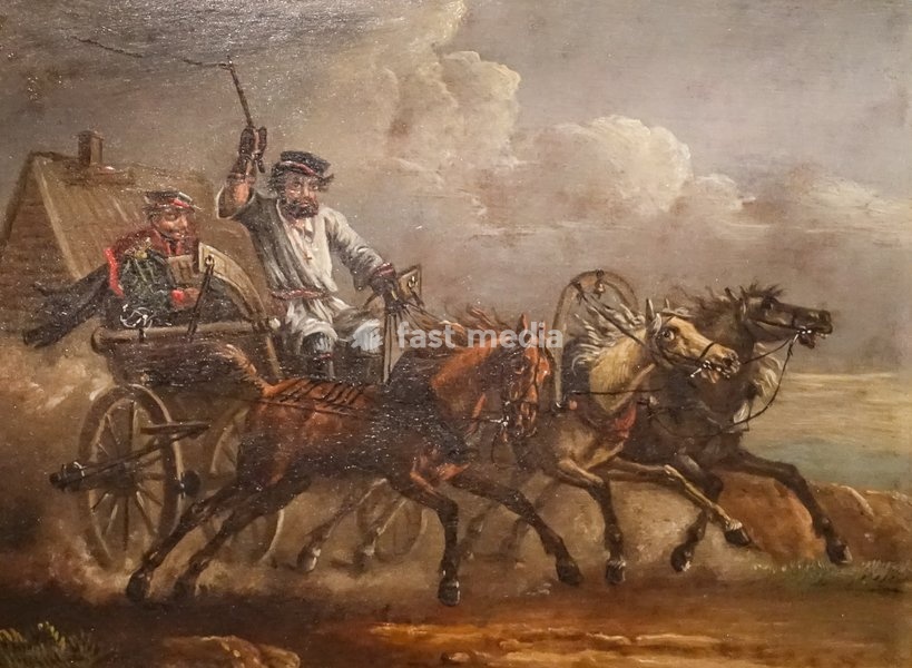 Portrait of an Adjutant in a Cart Drawn by Three Horses. Unknown artist. Not earlier than 1855. Oil on paper mounted on canvas. Pushkin State Museum