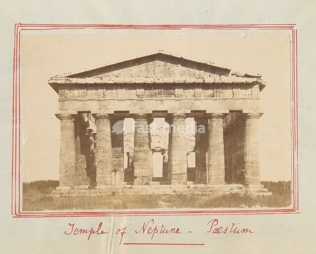 Temple of Neptune - Paestum, photograph, page, Paestum, c. 1863 - in or before 1873, photographer, paper, albumen print, height 58 mm x width 90 mm, facade (of house or building), temple, shrine, Greek religion, Second Temple of Hera., A faded sepia photograph of an ancient stone temple framed by a…