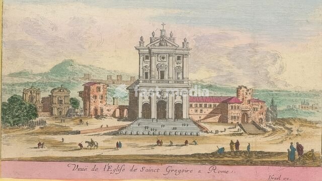 Veuë de l'Eglise Sainct Gregoire a Rome, San Gregorio Magno al Celio in Rome, Views of Italy, print, album page, View of the San Gregorio Magno al Celio in Rome. Title in French in the bottom margin. Print is part of an album., printmaker: Israël Silvestre, Paris, after design by Israël Silvestre,…
