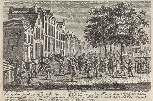 Incident in The Hague, July 6, 1788, print, On July 6, a commotion arose on the Turfmarkt in The Hague because a French ambassador went out onto the street without the color orange. Two children were injured in the incident. Below the image and three-line text., printmaker: Theodoor Koning,…