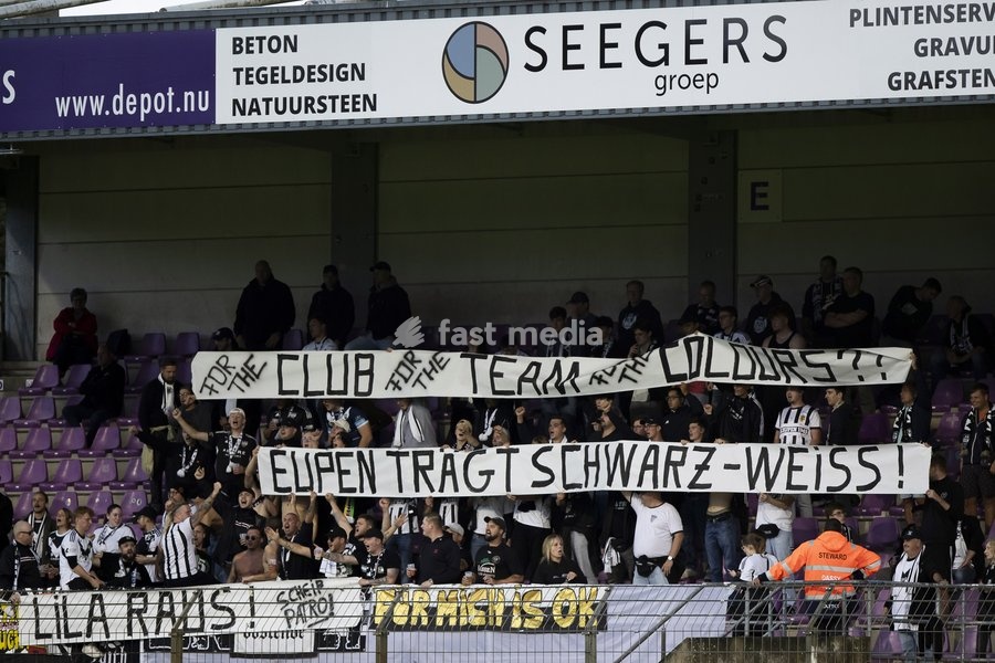 Eupen fans pictured during a soccer match between Patro Eisden Maasmechelen and KAS Eupen, Sunday 13 September 2026 in Maasmechelen, on day 5 of the 2026-2027 'Challenger Pro League' second highest division of the Belgian championship