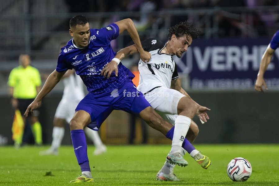 Patro's Zakaria Atteri and Eupen's Mathias Fixelles pictured during a soccer match between Patro Eisden Maasmechelen and KAS Eupen, Sunday 13 September 2026 in Maasmechelen, on day 5 of the 2026-2027 'Challenger Pro League' second highest division of the Belgian championship