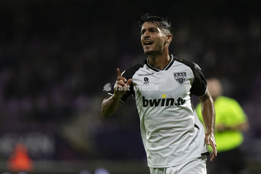 Eupen's Bertan Caliskan celebrates after scoring during a soccer match between Patro Eisden Maasmechelen and KAS Eupen, Sunday 13 September 2026 in Maasmechelen, on day 5 of the 2026-2027 'Challenger Pro League' second highest division of the Belgian championship