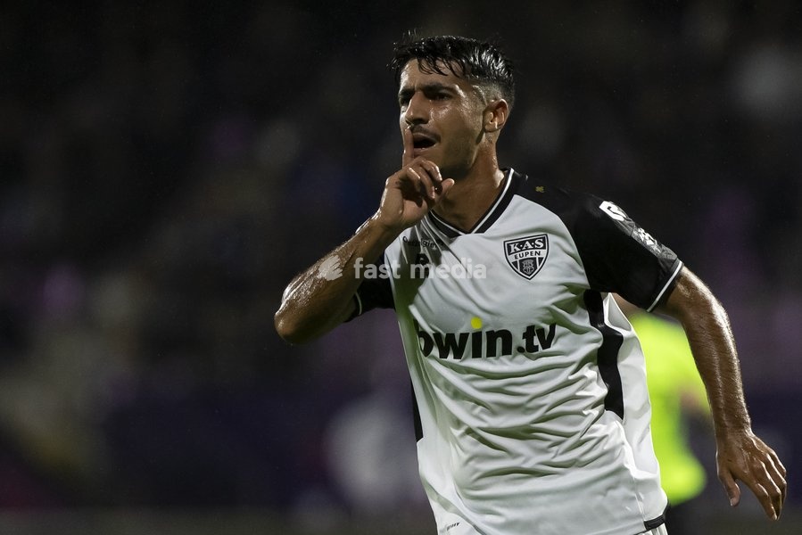 Eupen's Bertan Caliskan celebrates after scoring during a soccer match between Patro Eisden Maasmechelen and KAS Eupen, Sunday 13 September 2026 in Maasmechelen, on day 5 of the 2026-2027 'Challenger Pro League' second highest division of the Belgian championship