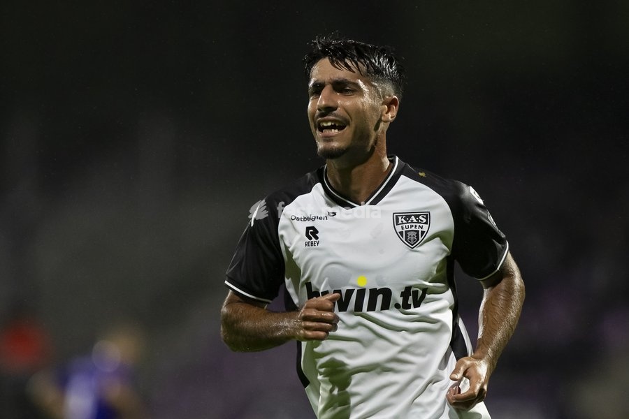 Eupen's Bertan Caliskan celebrates after scoring during a soccer match between Patro Eisden Maasmechelen and KAS Eupen, Sunday 13 September 2026 in Maasmechelen, on day 5 of the 2026-2027 'Challenger Pro League' second highest division of the Belgian championship