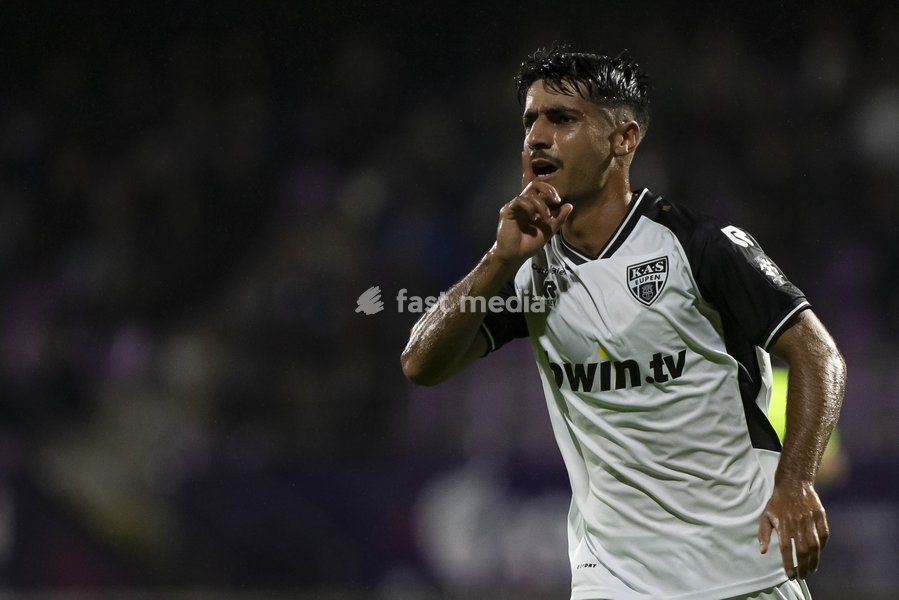 Eupen's Bertan Caliskan celebrates after scoring during a soccer match between Patro Eisden Maasmechelen and KAS Eupen, Sunday 13 September 2026 in Maasmechelen, on day 5 of the 2026-2027 'Challenger Pro League' second highest division of the Belgian championship