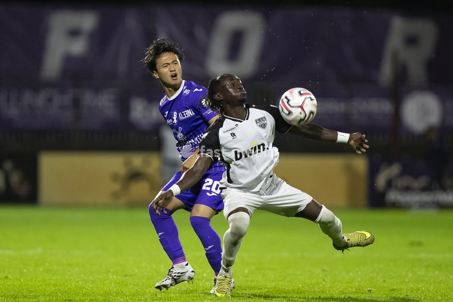 Patro Eisden's Rento Takaoka and Eupen's Amadou Keita pictured during a soccer match between Patro Eisden Maasmechelen and KAS Eupen, Sunday 13 September 2026 in Maasmechelen, on day 5 of the 2026-2027 'Challenger Pro League' second highest division of the Belgian championship
