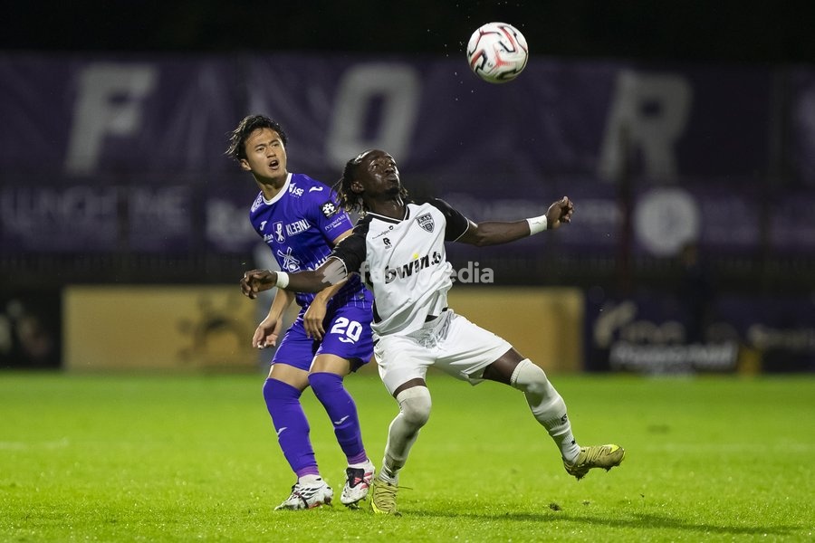 Patro Eisden's Rento Takaoka and Eupen's Amadou Keita pictured during a soccer match between Patro Eisden Maasmechelen and KAS Eupen, Sunday 13 September 2026 in Maasmechelen, on day 5 of the 2026-2027 'Challenger Pro League' second highest division of the Belgian championship