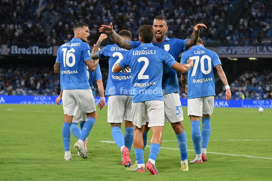Napoli’s players celebrate after the 1-0 goal during the match of Serie A Enilive Football Match between Napoli vs Bologna at the Maradona Stadium on 13 September 2026 in Napoli, Bologna. Napoli-Bologna 1-1