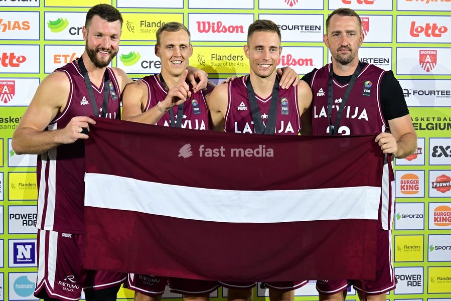 Team Latvia celebrates with the gold medal after winning the final game of the 3x3 basketball between Netherlands and Latvia at the men's FIBA 3x3 Europe Cup, on Sunday 13 September 2026 in Antwerp