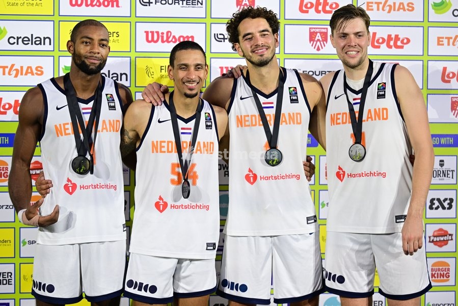 Dutch players celebrate with the silver medal after the final game of the 3x3 basketball between Netherlands and Latvia at the men's FIBA 3x3 Europe Cup, on Sunday 13 September 2026 in Antwerp