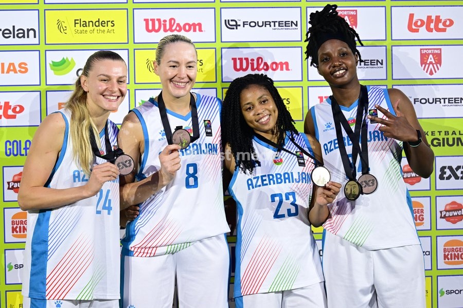 Team Azerbaijan poses with the silver medal after a final game of 3x3 basketball between Netherlands and Spain, the final of the women's FIBA 3x3 Europe Cup, on Sunday 13 September 2026 in Antwerp