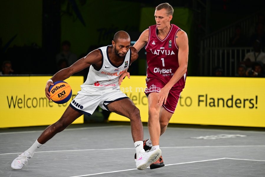 Nesta Agasi and Nauris Miezis pictured during the final game of the 3x3 basketball between Netherlands and Latvia at the men's FIBA 3x3 Europe Cup, on Sunday 13 September 2026 in Antwerp