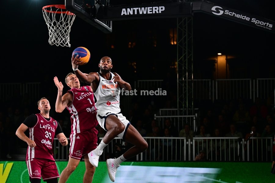 Nesta Agasi and Nauris Miezis pictured during the final game of the 3x3 basketball between Netherlands and Latvia at the men's FIBA 3x3 Europe Cup, on Sunday 13 September 2026 in Antwerp