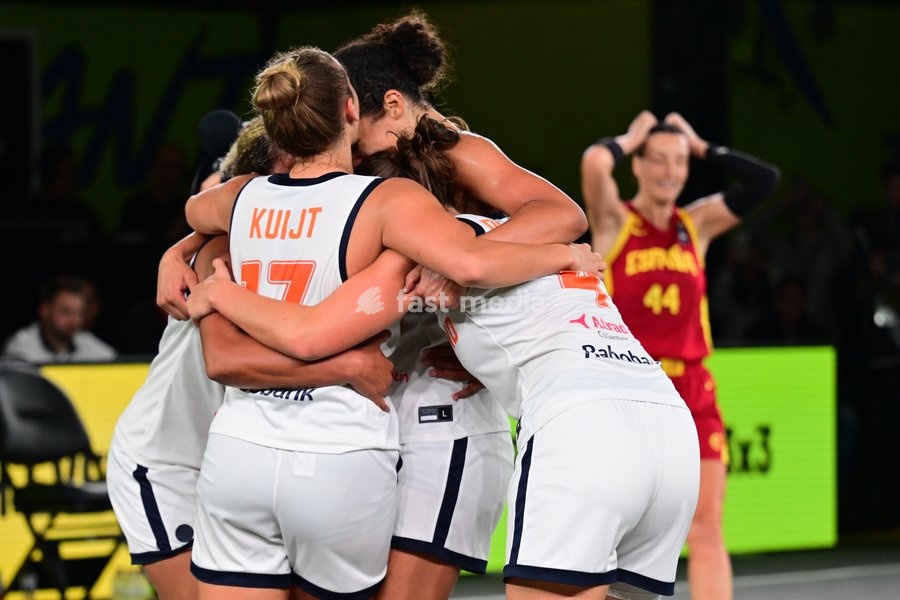 Dutch players celebrate after winning a final game of 3x3 basketball between Netherlands and Spain, the final of the women's FIBA 3x3 Europe Cup, on Sunday 13 September 2026 in Antwerp