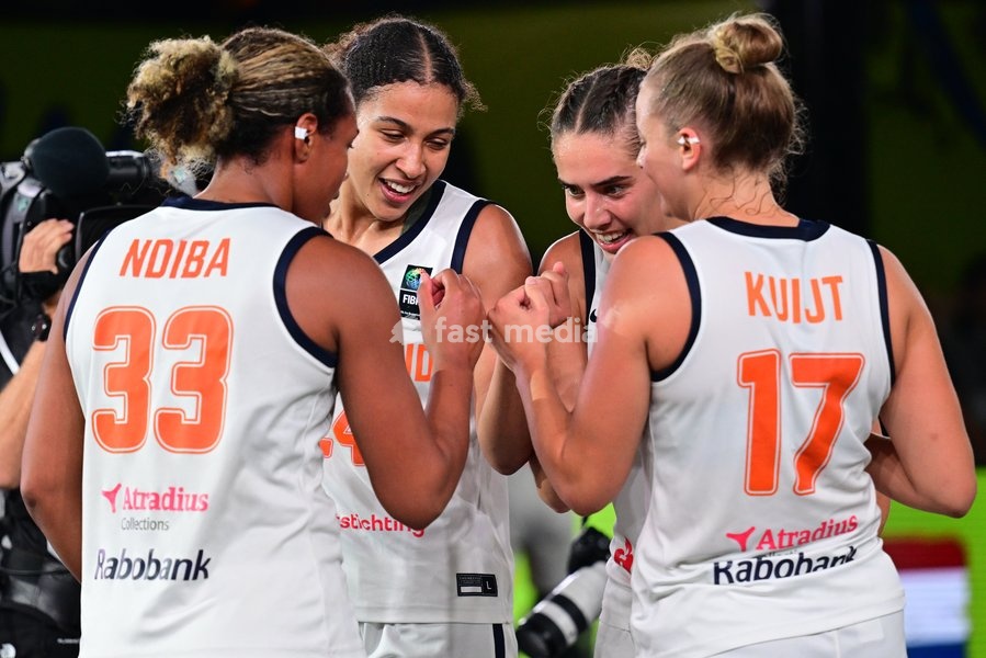 Dutch players celebrate after winning a final game of 3x3 basketball between Netherlands and Spain, the final of the women's FIBA 3x3 Europe Cup, on Sunday 13 September 2026 in Antwerp