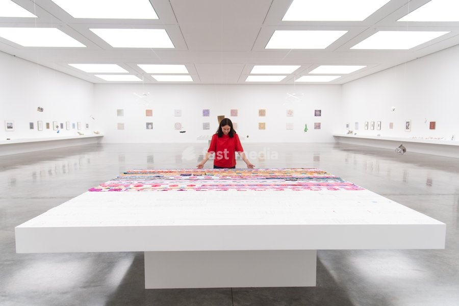 Staff members view various artworks by Gabriel Orozco at a photocall for artist Gabriel Orozco's solo exhibition 'Chronotopic' at White Cube Bermondsey, London, England, UK on Monday 14 September, 2026