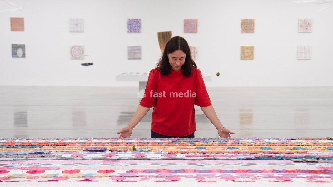 Staff members view various artworks by Gabriel Orozco at a photocall for artist Gabriel Orozco's solo exhibition 'Chronotopic' at White Cube Bermondsey, London, England, UK on Monday 14 September, 2026