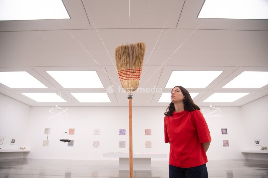 Staff members view 'The Weight Of The Sun' (2003) by Gabriel Orozco at a photocall for artist Gabriel Orozco's solo exhibition 'Chronotopic' at White Cube Bermondsey, London, England, UK on Monday 14 September, 2026
