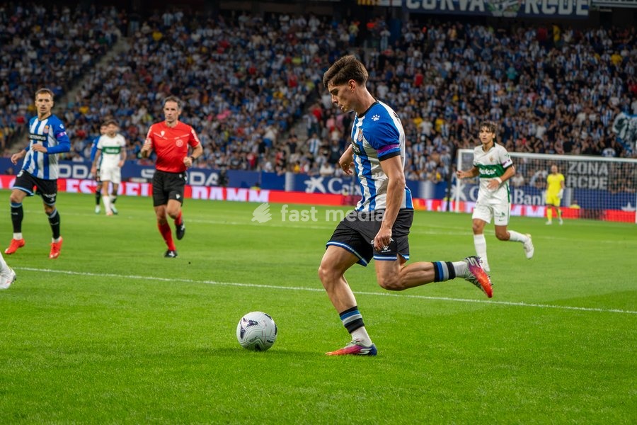 Hinojo of RCD Espanyol in action during the LaLiga EA Sports matchday 7 football match between RCD Espanyol and Elche CF at Stage Front Stadium on September 18, 2026 in Cornellà de Llobregat, Spain