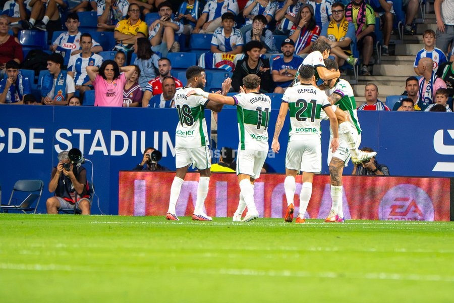 Fer Niño of Elche CF celebrates scoring his team's first goal during the LaLiga EA Sports matchday 7 football match between RCD Espanyol and Elche CF at Stage Front Stadium on September 18, 2026 in Cornellà de Llobregat, Spain