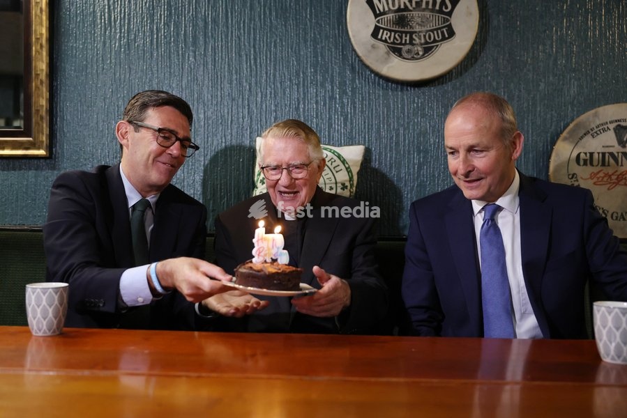 18/09/2026. Ashton-in-Makerfield, United Kingdom. Prime Minister Andy Burnham and Taoiseach Micheál Martin celebrate the 90th birthday of club patron Patrick McNally at the Brian Boru Irish Club