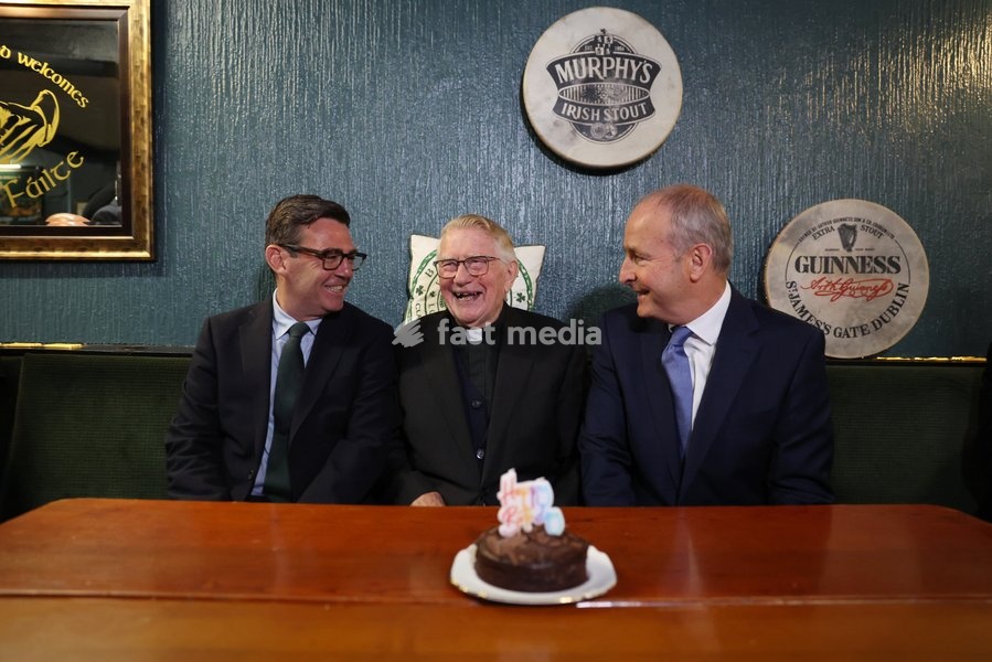 18/09/2026. Ashton-in-Makerfield, United Kingdom. Prime Minister Andy Burnham and Taoiseach Micheál Martin celebrate the 90th birthday of club patron Patrick McNally at the Brian Boru Irish Club