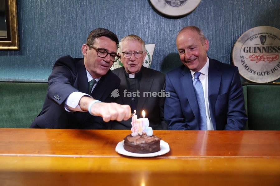 18/09/2026. Ashton-in-Makerfield, United Kingdom. Prime Minister Andy Burnham and Taoiseach Micheál Martin celebrate the 90th birthday of club patron Patrick McNally at the Brian Boru Irish Club