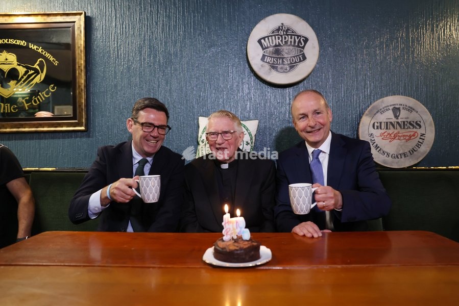 18/09/2026. Ashton-in-Makerfield, United Kingdom. Prime Minister Andy Burnham and Taoiseach Micheál Martin celebrate the 90th birthday of club patron Patrick McNally at the Brian Boru Irish Club