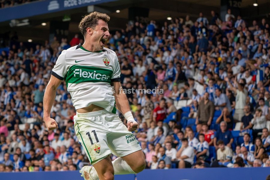 German Valera of Elche CF celebrates scoring his team's third goal during the LaLiga EA Sports matchday 7 football match between RCD Espanyol and Elche CF at Stage Front Stadium on September 18, 2026 in Cornellà de Llobregat, Spain