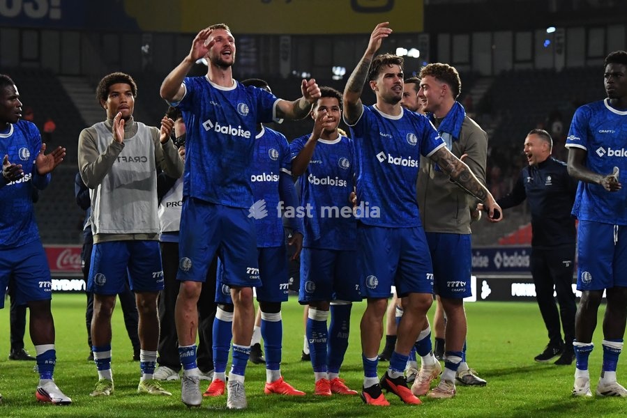 Gent's players celebrate after winning a soccer match between KAA Gent and Standard de Liege, Friday 18 September 2026 in Gent, on day 7 of the 2026-2027 'Jupiler Pro League' first division of the Belgian championship