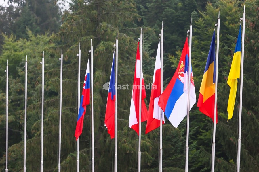 State flags of participating countries fly on the flagpoles during the Carpathian 8 Summit in Ivano-Frankivsk region, Ukraine, September 18, 2026. On this day, President of Ukraine Volodymyr Zelenskyy announced the launch of a new format - the Carpathian Eight (C8) - comprising Austria, the Czech…