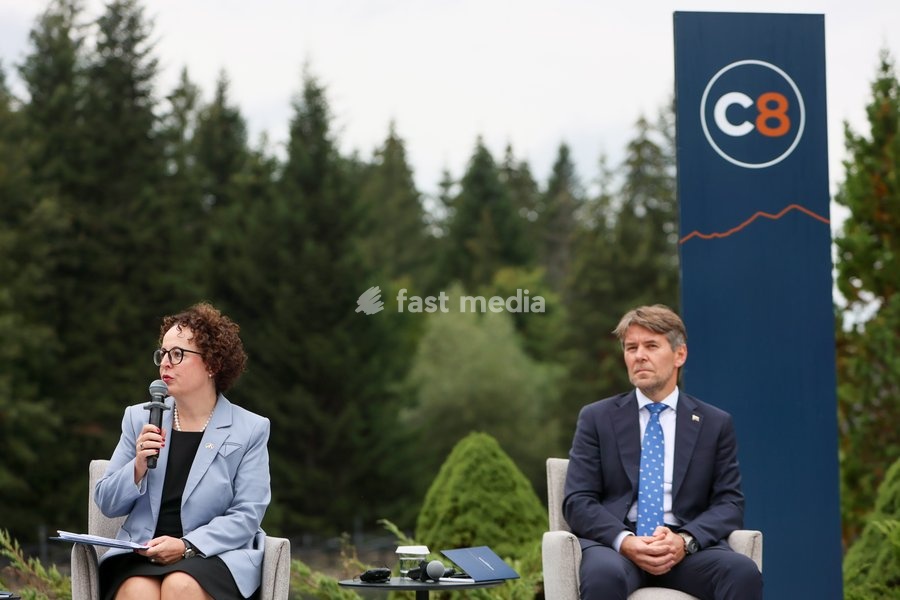 President of the Federal Council of Austria Christine Schwarz-Fuchs and State Secretary of the Ministry of Foreign and European Affairs of Slovakia Marek Estok participate in a news conference at the Carpathian 8 Summit in Ivano-Frankivsk region, Ukraine, September 18, 2026. On this day, President…