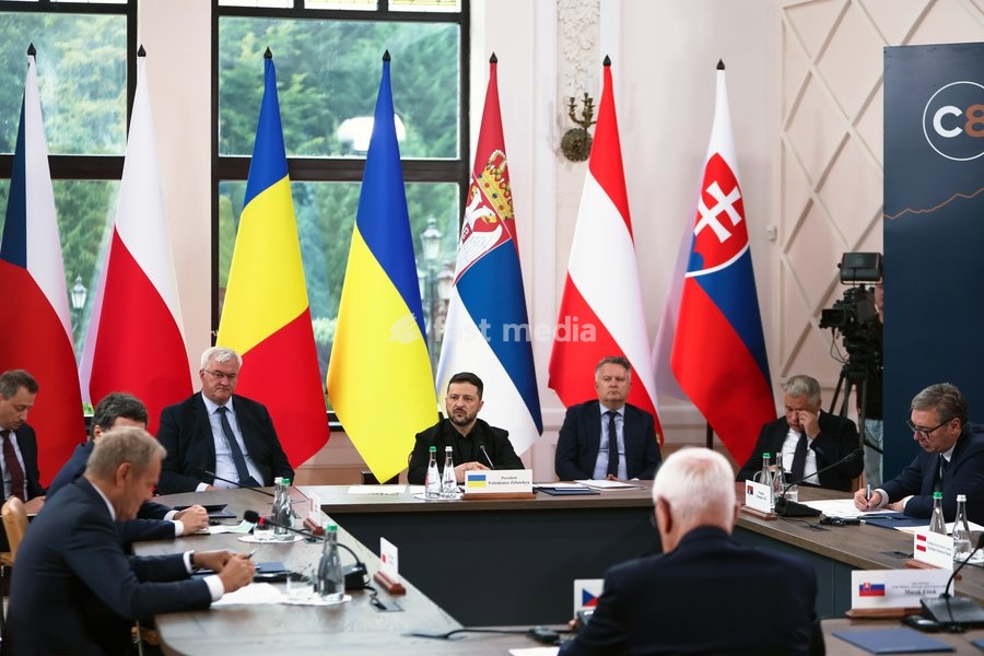 Minister of Foreign Affairs of Ukraine Andrii Sybiha, President of Ukraine Volodymyr Zelenskyy and First Deputy Head of the Office of the President of Ukraine Sergiy Kyslytsya (left to right) participate in the first plenary session of the Carpathian 8 Summit in Ivano-Frankivsk region, Ukraine,…
