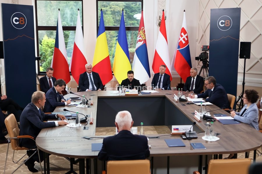 First Vice-President of the Senate of the Czech Republic Jiri Drahos, Prime Minister of Poland Donald Tusk, President of Romania Nicusor Dan, President of Ukraine Volodymyr Zelenskyy, President of Serbia Aleksandar Vucic and President of the Federal Council of Austria Christine Schwarz-Fuchs (left…