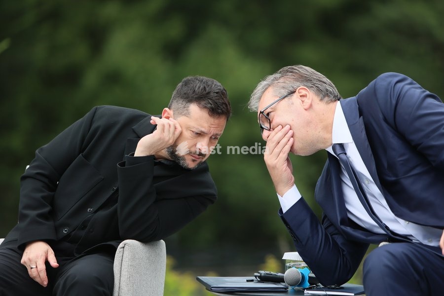 President of Ukraine Volodymyr Zelenskyy (left) and President of Serbia Aleksandar Vucic talk during a news conference at the Carpathian 8 Summit in Ivano-Frankivsk region, Ukraine, September 18, 2026. On this day, President of Ukraine Volodymyr Zelenskyy announced the launch of a new format - the…