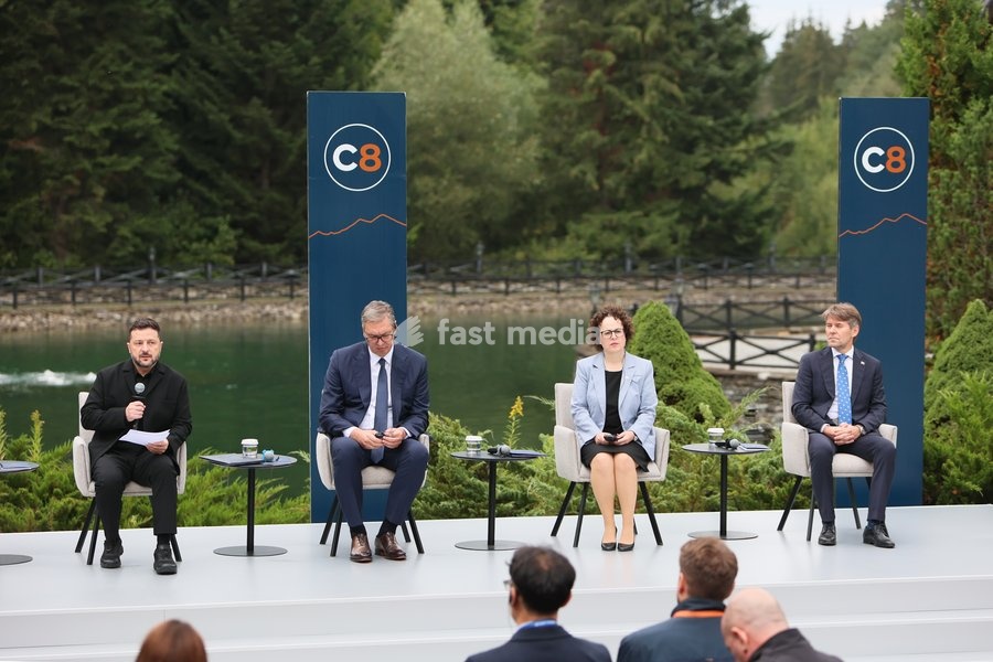 President of Ukraine Volodymyr Zelenskyy, President of Serbia Aleksandar Vucic, President of the Federal Council of Austria Christine Schwarz-Fuchs, and State Secretary of the Ministry of Foreign and European Affairs of Slovakia Marek Estok (left to right) participate in a news conference during…