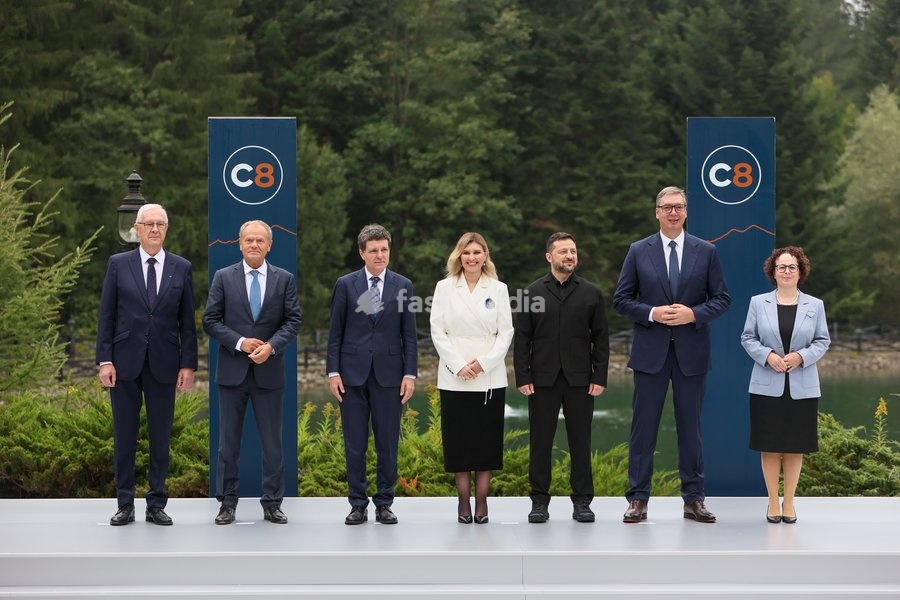 First Vice-President of the Senate of the Czech Republic Jiri Drahos, Prime Minister of Poland Donald Tusk, President of Romania Nicusor Dan, First Lady of Ukraine Olena Zelenska, President of Ukraine Volodymyr Zelenskyy, President of Serbia Aleksandar Vucic, and President of the Federal Council of…