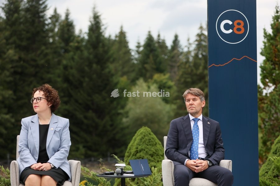 President of the Federal Council of Austria Christine Schwarz-Fuchs and State Secretary of the Ministry of Foreign and European Affairs of Slovakia Marek Estok participate in a news conference at the Carpathian 8 Summit in Ivano-Frankivsk region, Ukraine, September 18, 2026. On this day, President…