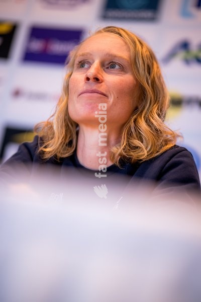 Belgian Lotte Claes talks to the press during a press conference before the cycling World Championship, in Montreal, Canada, Friday 18 September 2026. The UCI road world championships are taking place from 20 to 27 September, in Montreal, Canada
