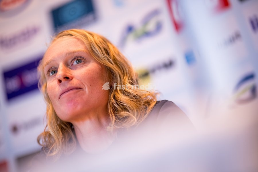 Belgian Lotte Claes talks to the press during a press conference before the cycling World Championship, in Montreal, Canada, Friday 18 September 2026. The UCI road world championships are taking place from 20 to 27 September, in Montreal, Canada