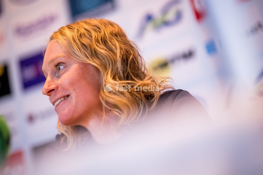 Belgian Lotte Claes talks to the press during a press conference before the cycling World Championship, in Montreal, Canada, Friday 18 September 2026. The UCI road world championships are taking place from 20 to 27 September, in Montreal, Canada