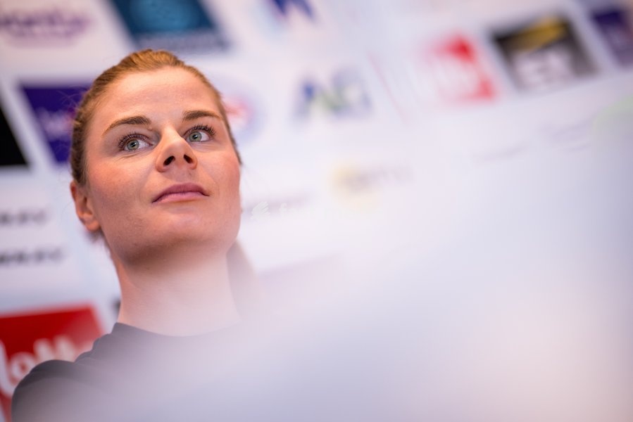 Belgian Lotte Kopecky talks to the press during a press conference before the cycling World Championship, in Montreal, Canada, Friday 18 September 2026. The UCI road world championships are taking place from 20 to 27 September, in Montreal, Canada